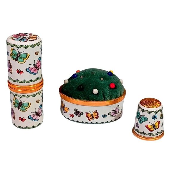 Halcyon Days Enamel 3 Pc Butterflies Sewing Needle Case Thimble Pin Cushion Set - Picture 3 of 15